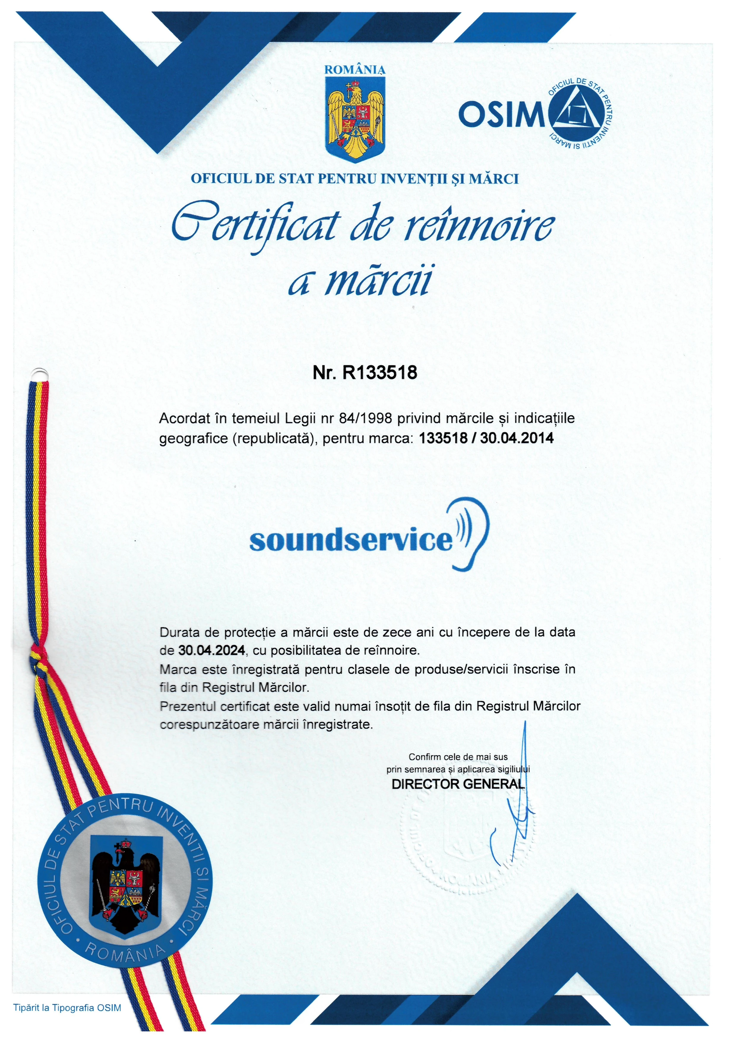 Certificat Marca Inregistrata Soundservice